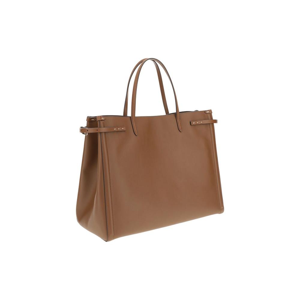 Valentino Garavani Large Antibes Tote Bag in brown leather with double handles and gold finish, featuring Signature VLogo metallic element.