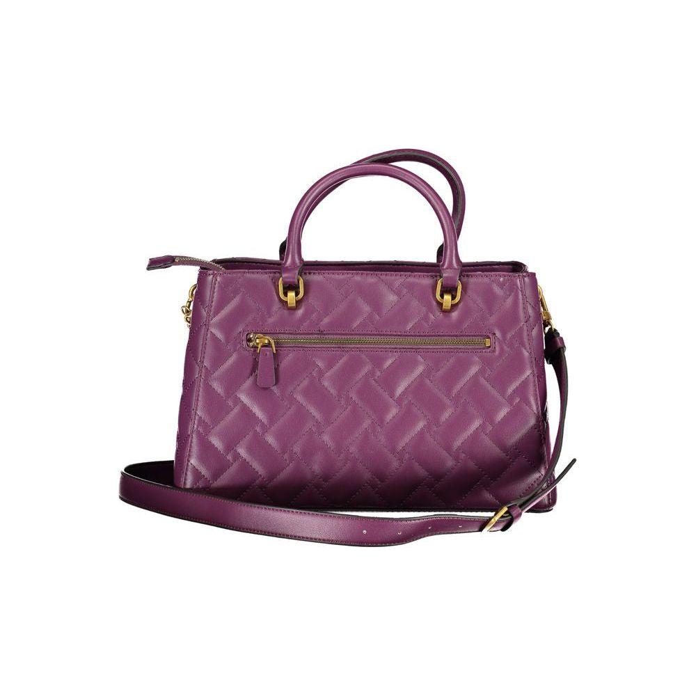 Guess Jeans purple polyethylene handbag with two handles, adjustable strap, external pocket, dual compartments, and protective feet.