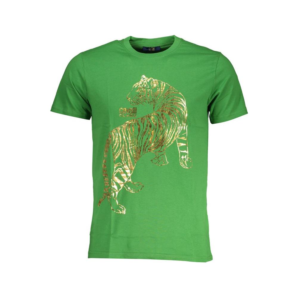 Cavalli Class green cotton T-shirt with short sleeves, crew neck, and tiger print logo design.
