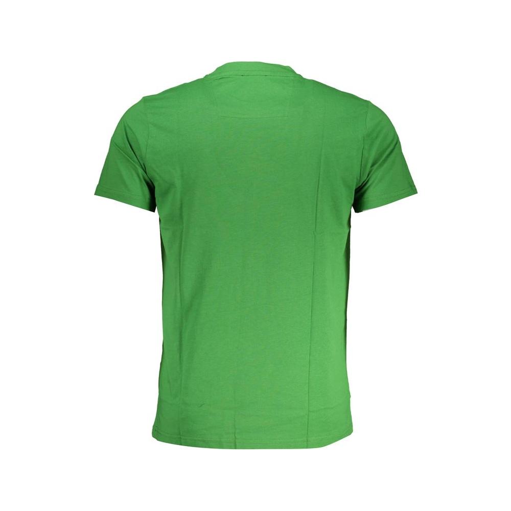 Cavalli Class green cotton T-shirt with short sleeves and crew neck, featuring logo print on back.