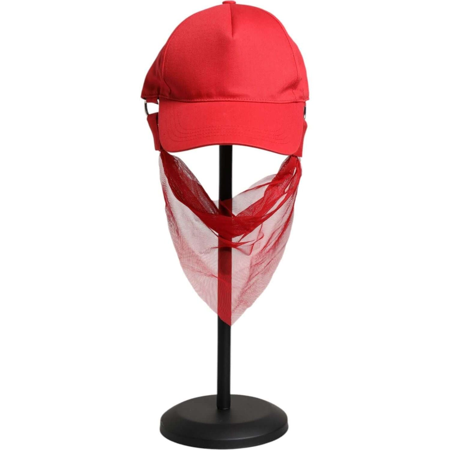 Dolce & Gabbana red cotton baseball cap with silk lining and logo, displayed on stand, women's fashion accessory, made in Italy.