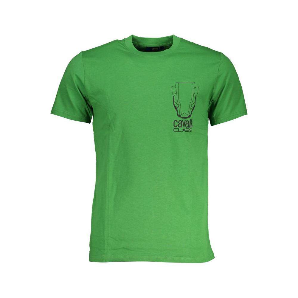 Cavalli Class green cotton t-shirt with short sleeves, crew neck, and logo print.