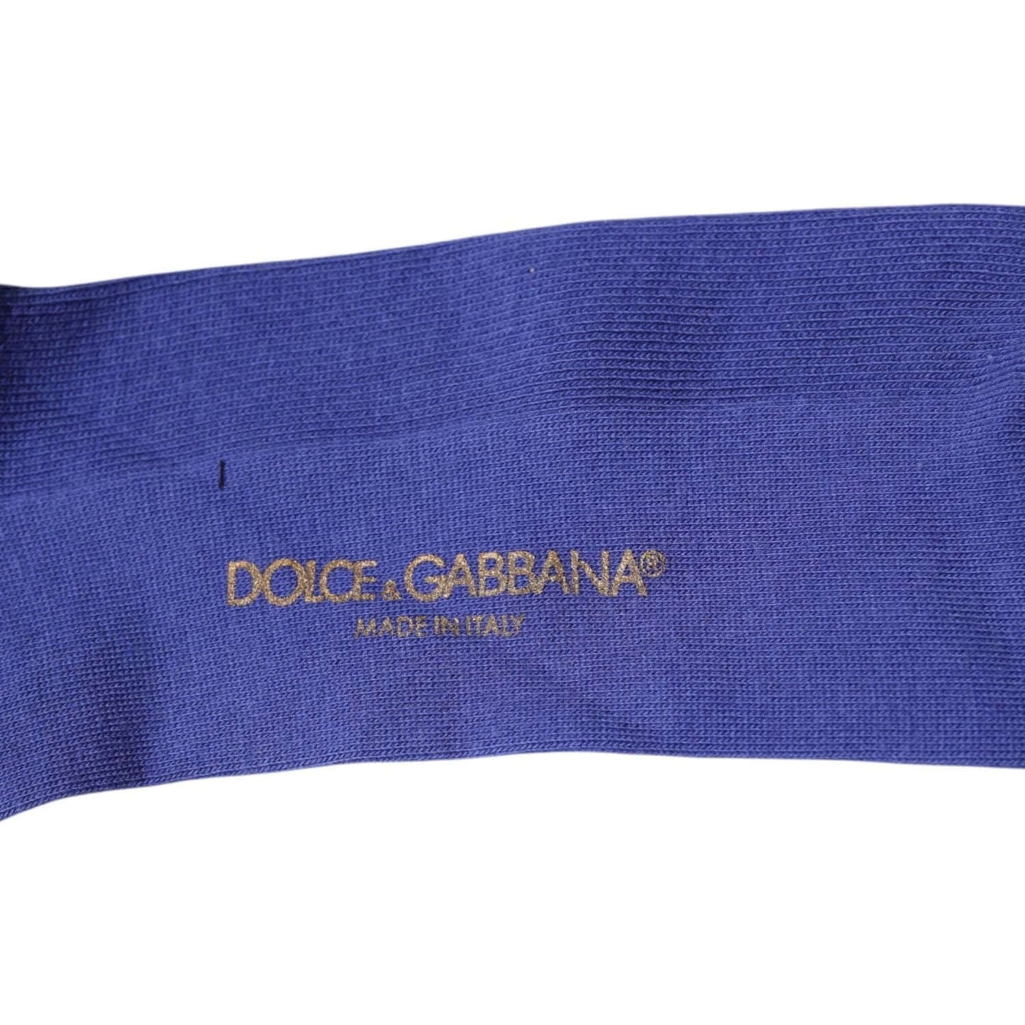 Dolce & Gabbana purple cotton logo over the calf socks, close-up of logo detail, made in Italy.