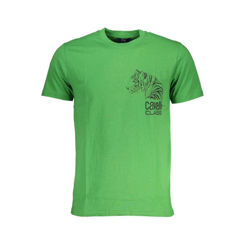 Cavalli Class green cotton T-shirt with short sleeves, crew neck, and printed logo design.