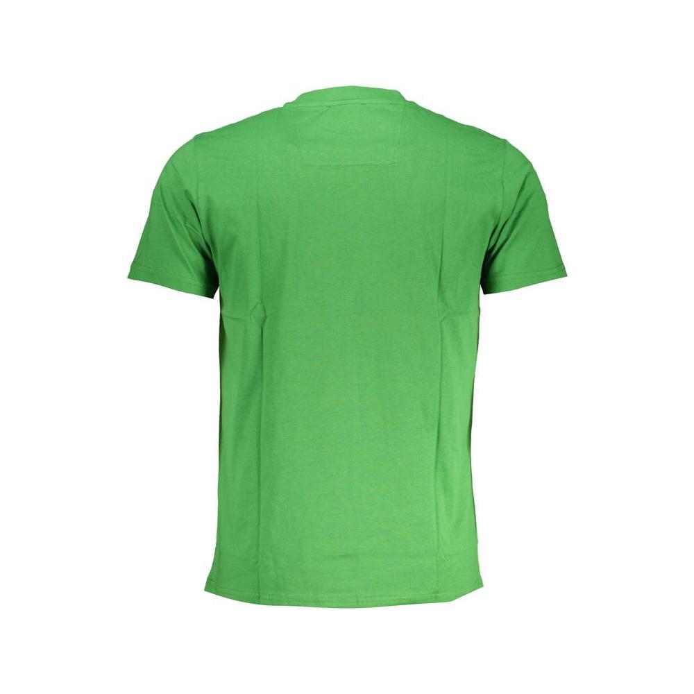 Back view of Cavalli Class green cotton T-shirt, short-sleeved with crew neck, featuring printed logo. Stylish and comfortable casual wear.