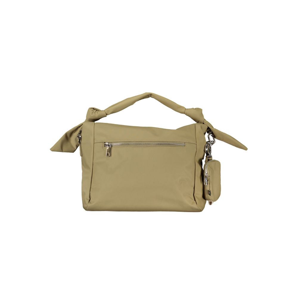 Desigual green polyester handbag with removable shoulder strap, external pocket, contrast details, and magnet closure.