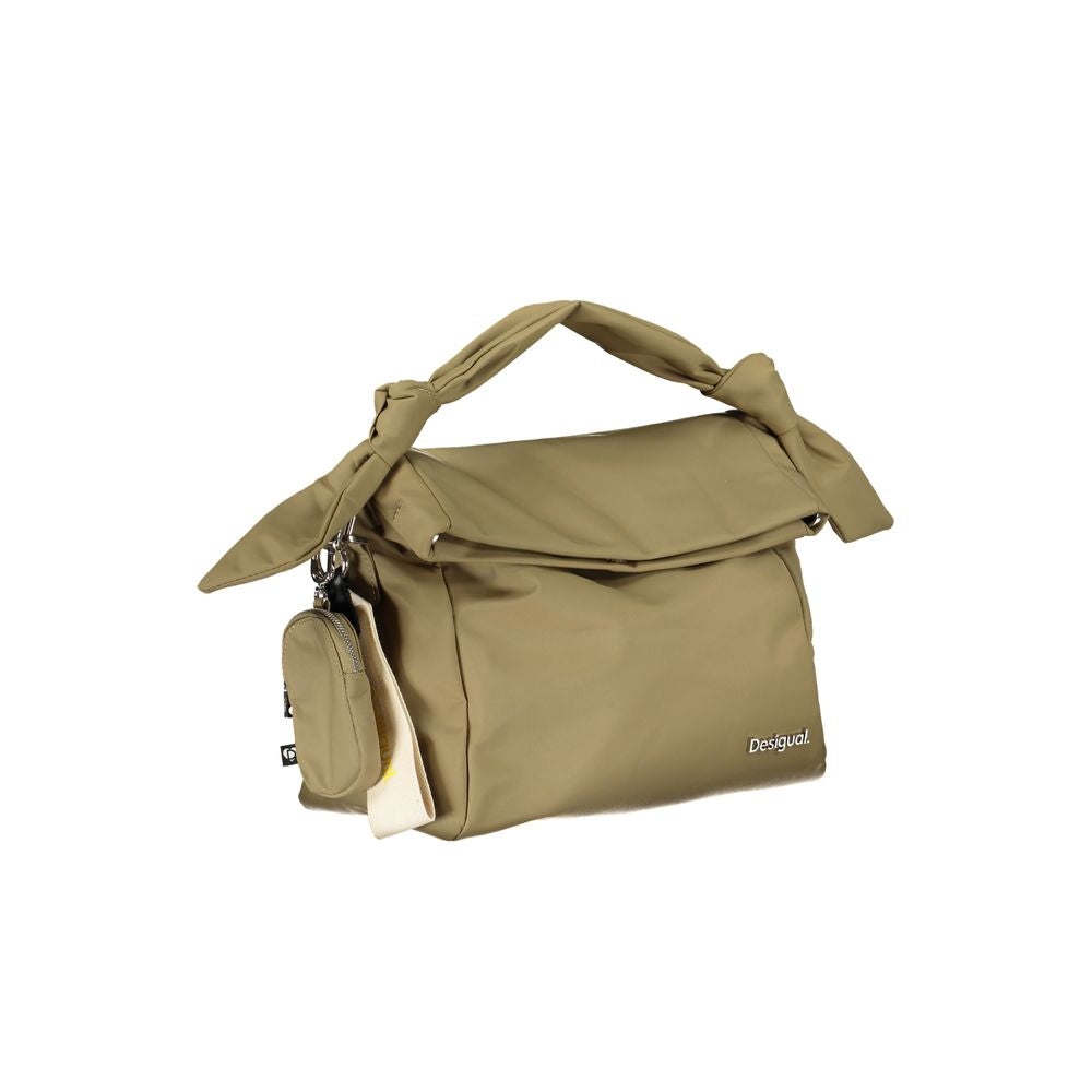 Desigual green polyester handbag with adjustable strap, external pocket, removable coin purse, contrast details, and magnet closure.