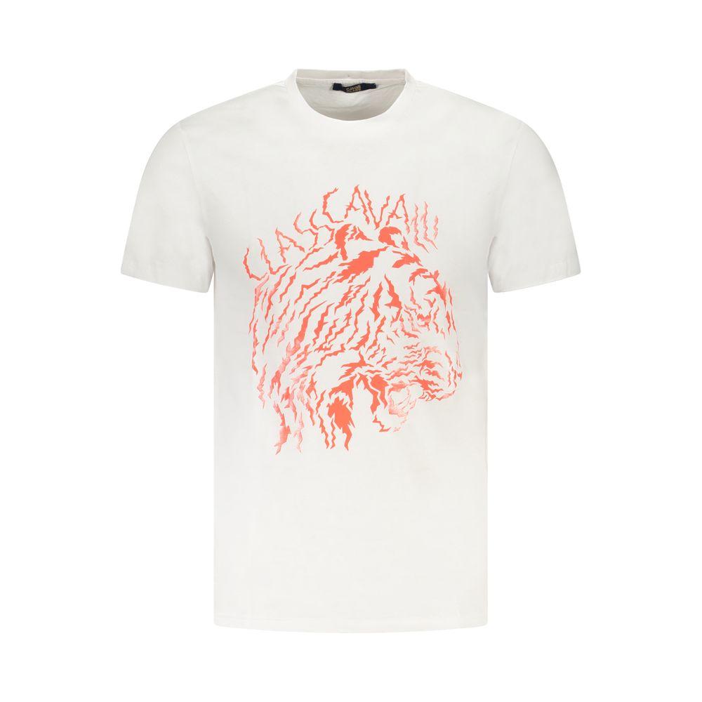 Cavalli Class white cotton men's T-shirt with bold logo and distinctive print, embodying casual elegance and comfort.