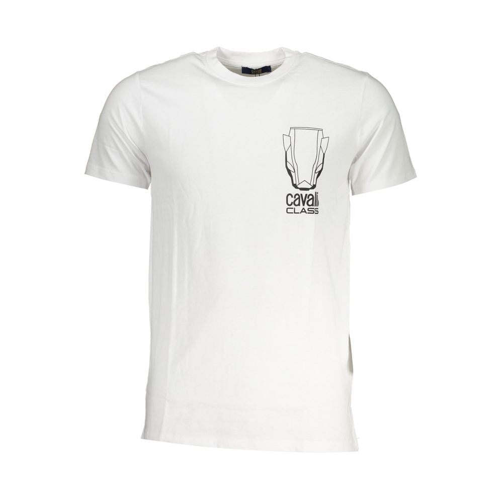 Cavalli Class white cotton T-shirt with short sleeves, crew neck, featuring printed logo design on the front.