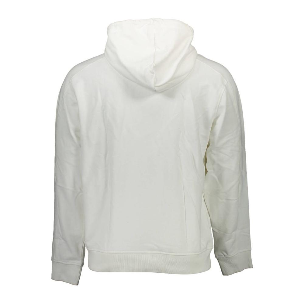 Calvin Klein white cotton men's hooded sweater, rear view showing hood and long sleeves.