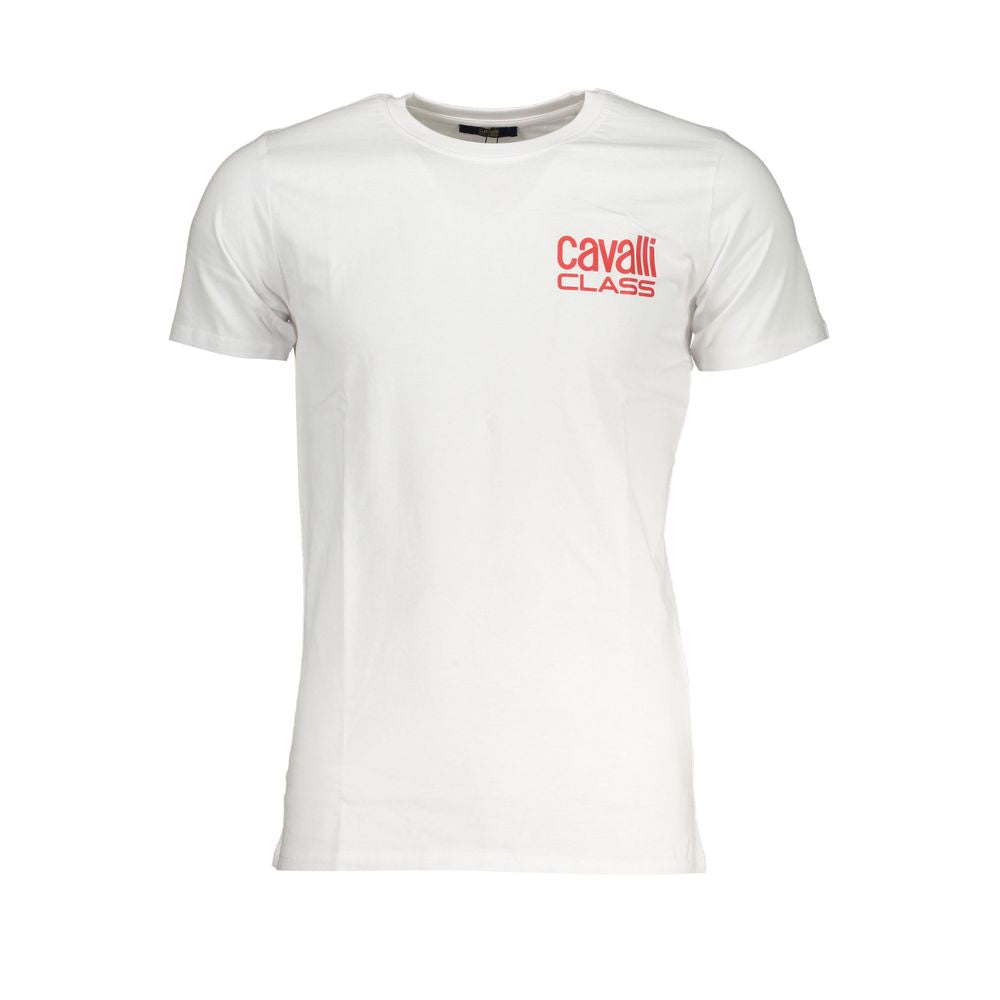 Cavalli Class white cotton t-shirt with short sleeves, crew neck, and logo print. Ideal for casual wear.