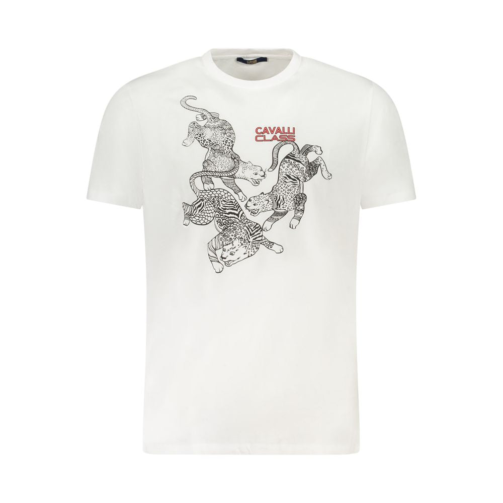 Cavalli Class white cotton men's T-shirt with bold print and iconic logo, short sleeve crew neck design, sophisticated fashion.