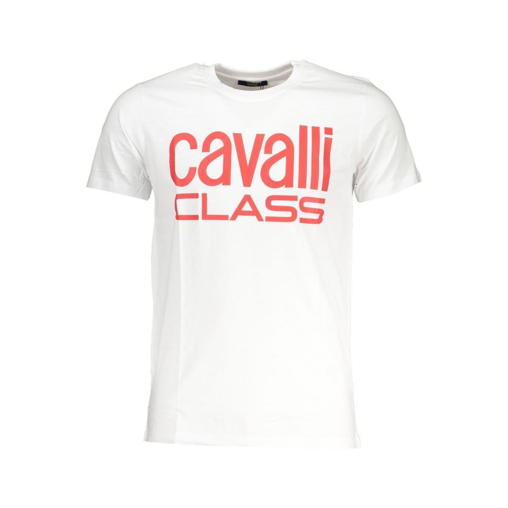 Cavalli Class white cotton t-shirt, short sleeved, crew neck, red logo print on front.