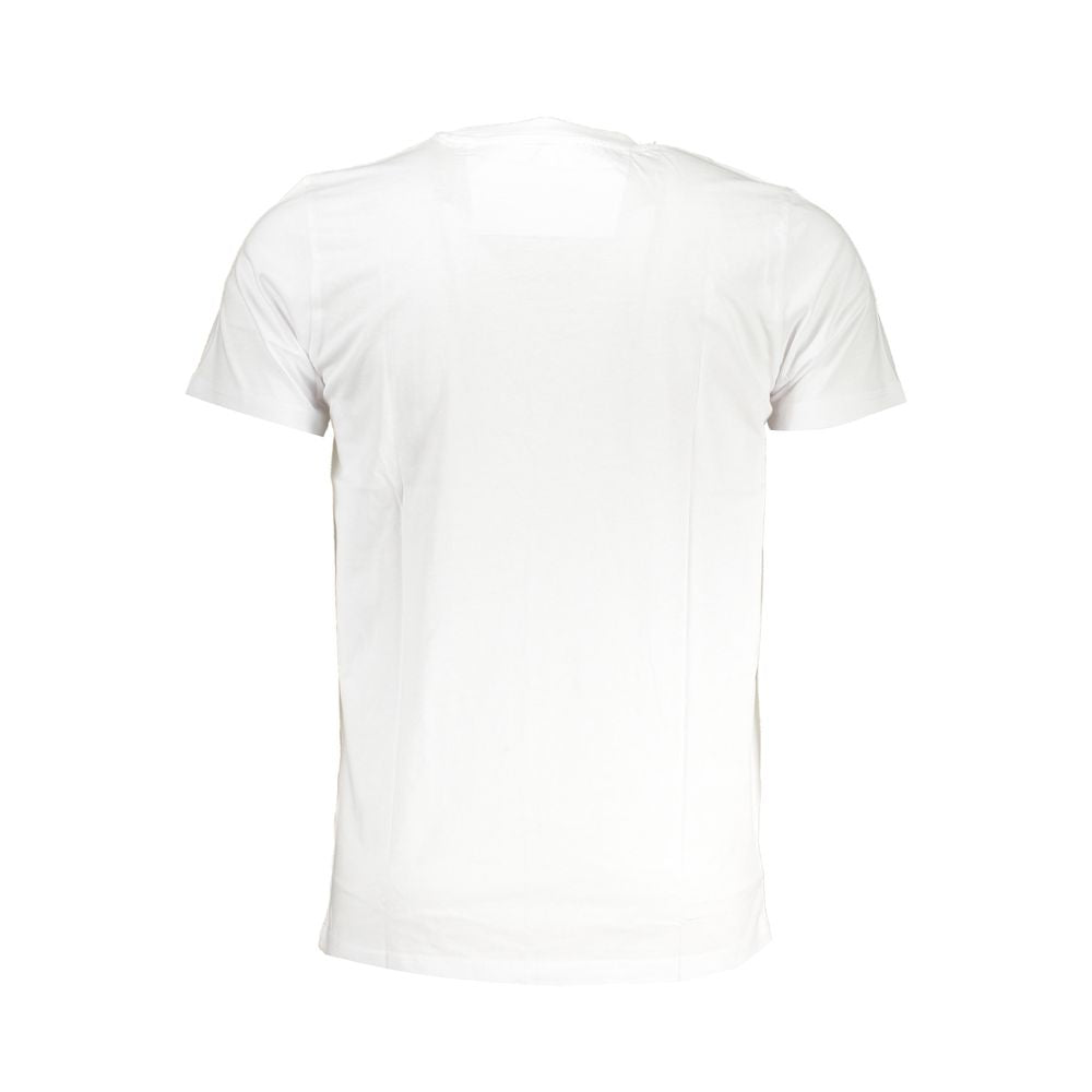 Alt Tag: Cavalli Class white cotton t-shirt, short-sleeved, crew neck, featuring print and logo.
