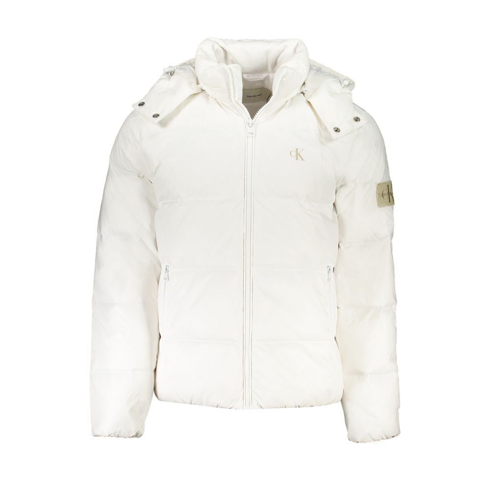Calvin Klein white polyamide jacket with removable hood, long sleeves, external and internal pockets, zipper, logo detail.