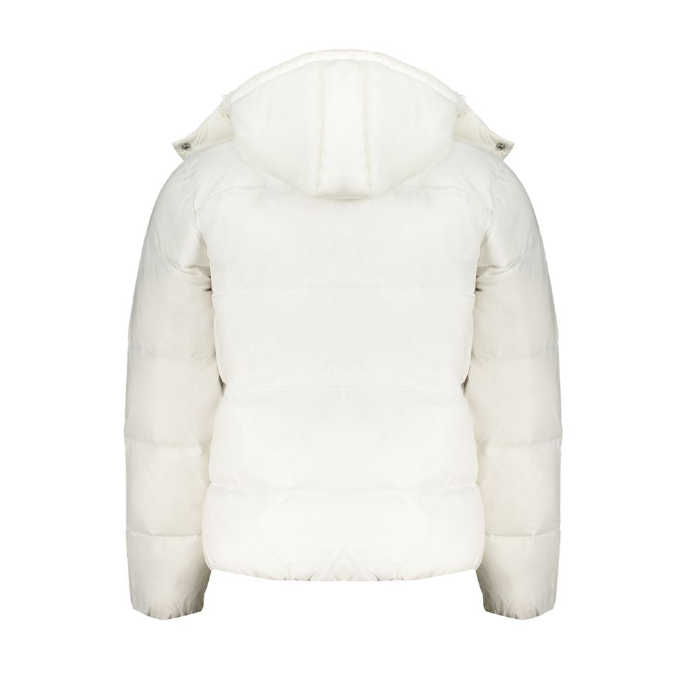 Back view of a Calvin Klein white polyamide jacket featuring a removable hood, two external pockets, and logo details.