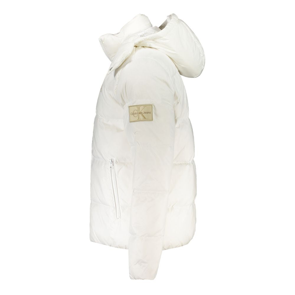 Calvin Klein white polyamide jacket with removable hood, side view, featuring external zip pockets and logo patch on sleeve.