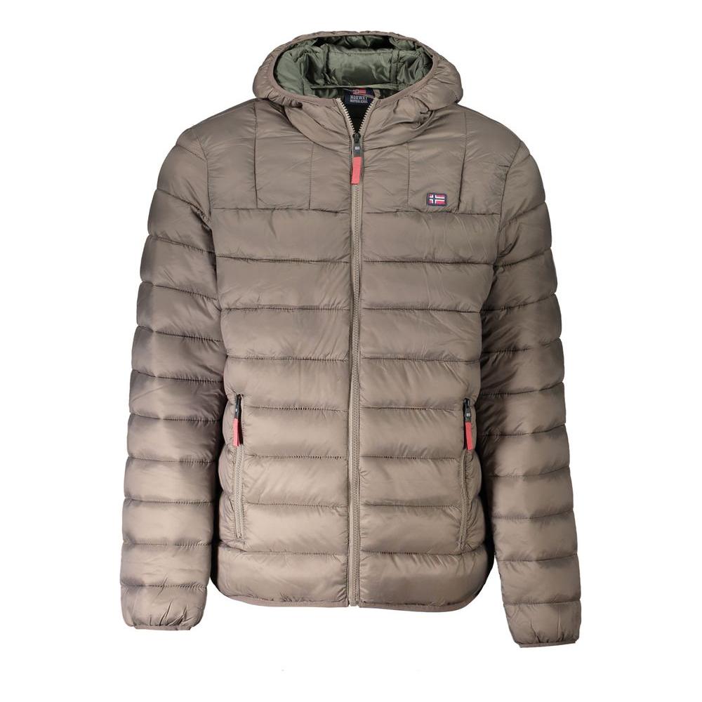 Brown polyamide men's jacket with hood, zip closure, and contrasting details, perfect for outdoor adventures and city wear.