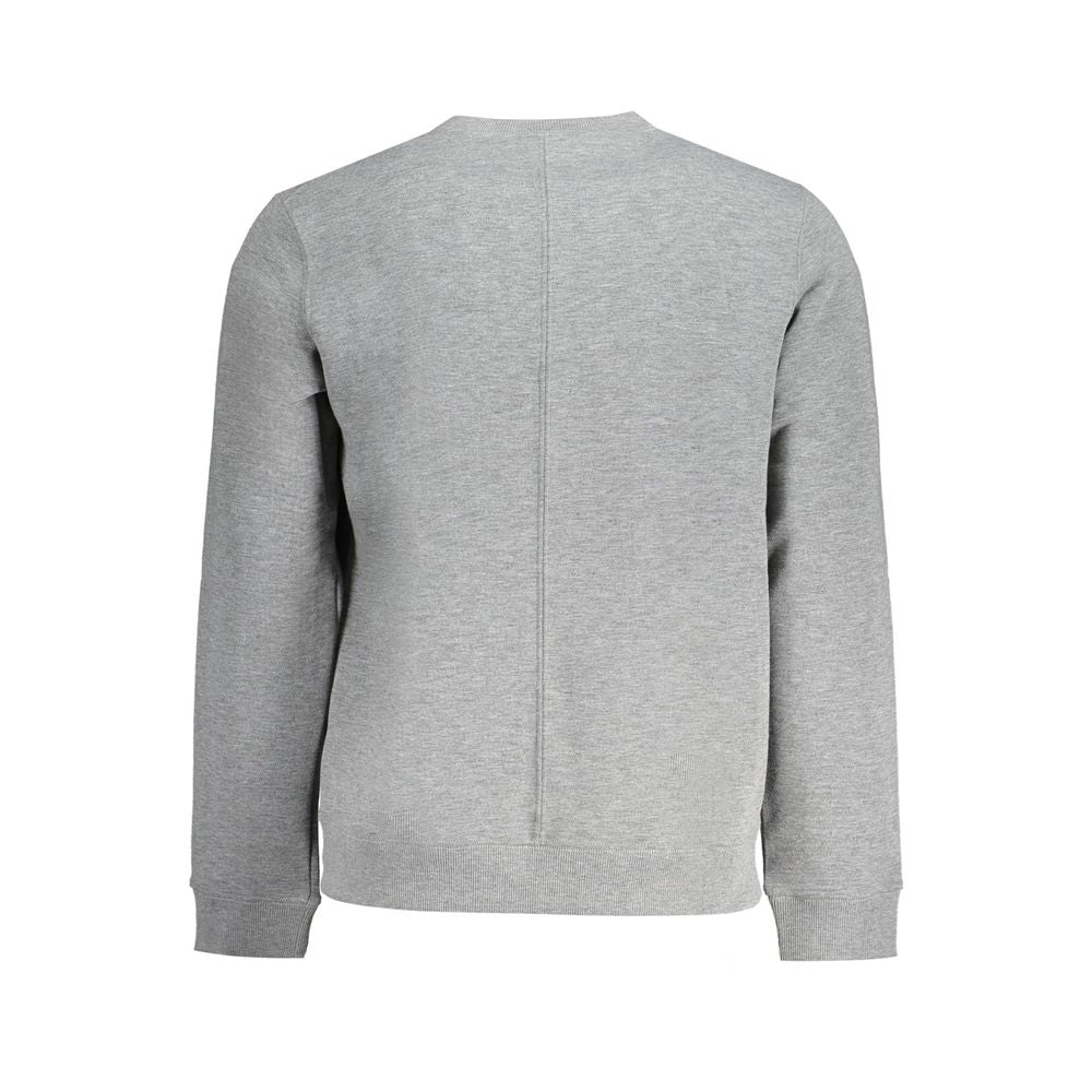 Back view of Calvin Klein gray polyester sweater, long sleeve sport sweatshirt with crew neck and brushed logo print.