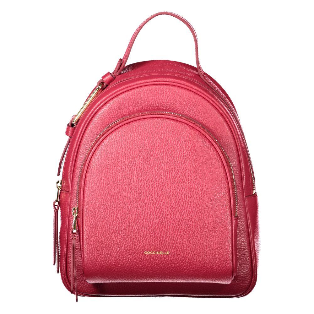 Coccinelle Malory red leather women's backpack with contrasting details and logo, showcasing Italian design and functionality.