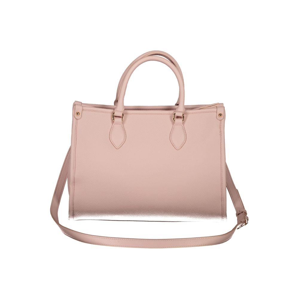 Valentino pink polyethylene handbag with two handles, adjustable strap, internal pocket, and logo. Sustainable and stylish.