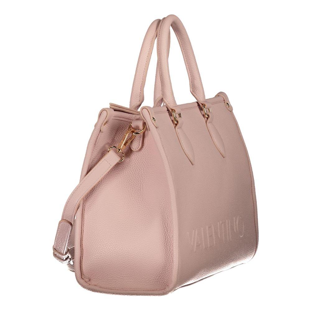 Valentino pink polyethylene handbag with dual handles, adjustable shoulder strap, internal pocket, phone space, and zip closure.