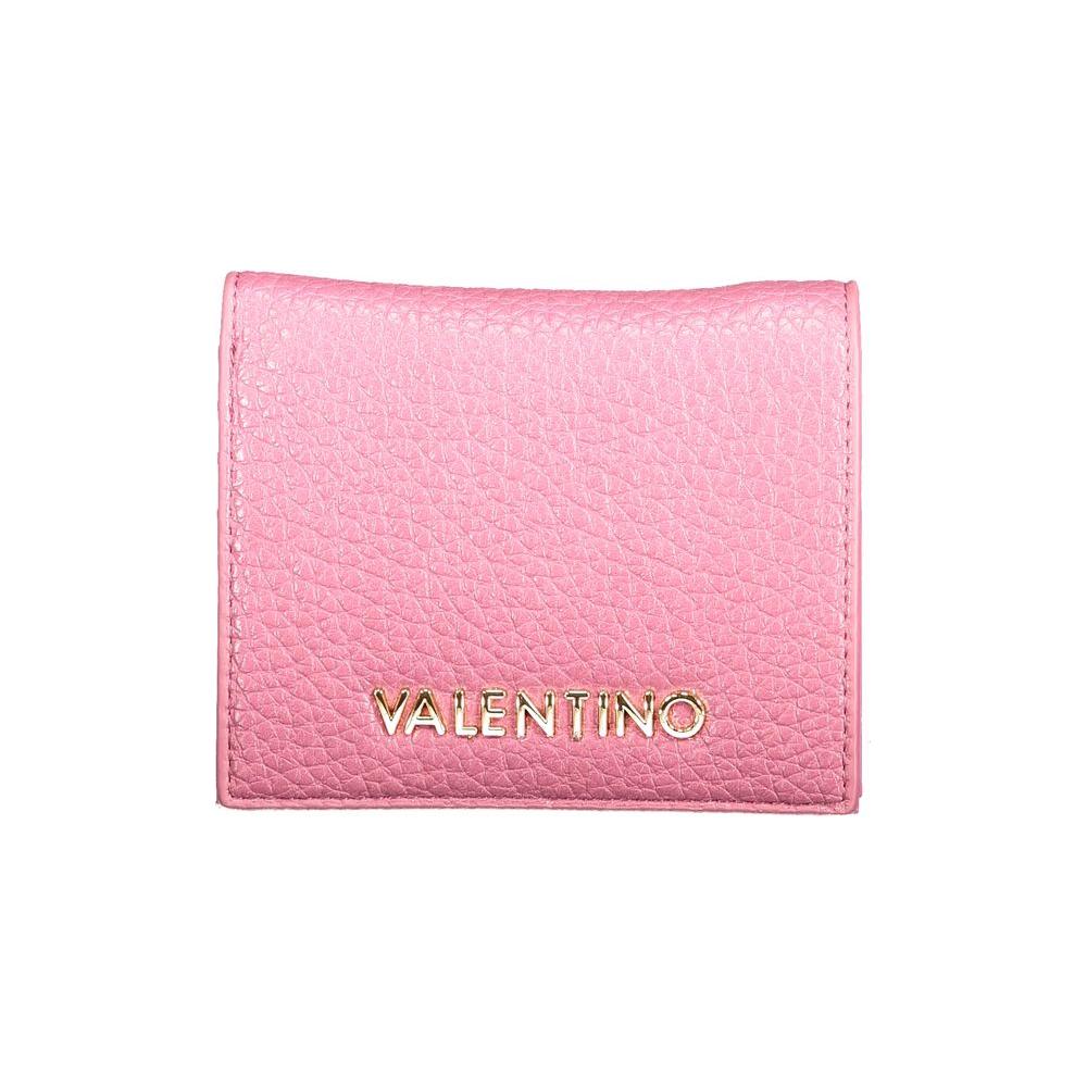 Valentino pink polyethylene wallet with logo, featuring coin purse, card spaces, automatic closure, made of recycled materials.