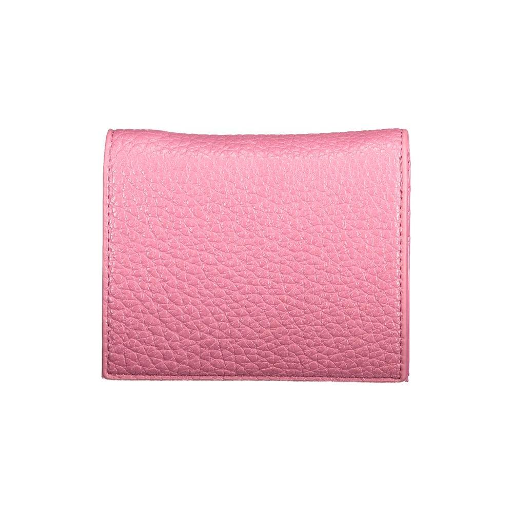 Valentino pink polyethylene wallet with coin purse, card slots, automatic closure, and logo; made from recycled materials.