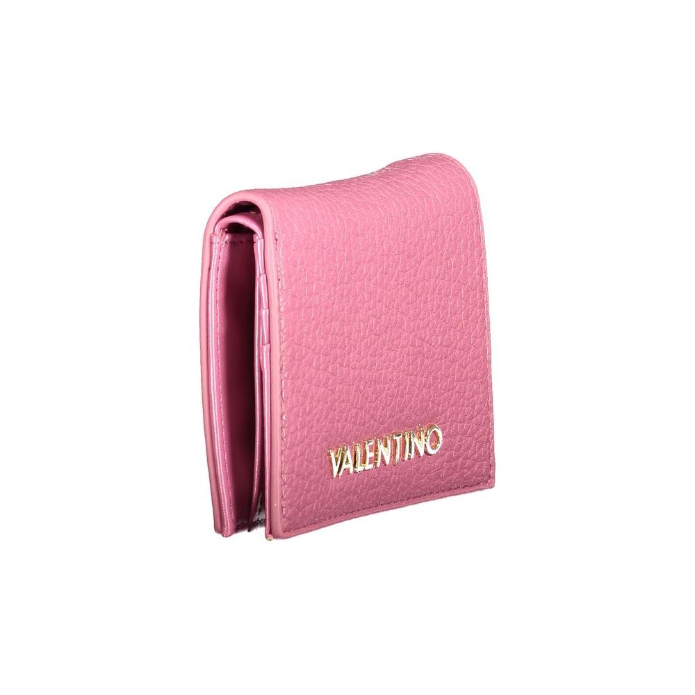 Valentino pink polyethylene wallet with logo, featuring coin purse, card spaces, automatic closure, made from recycled materials.