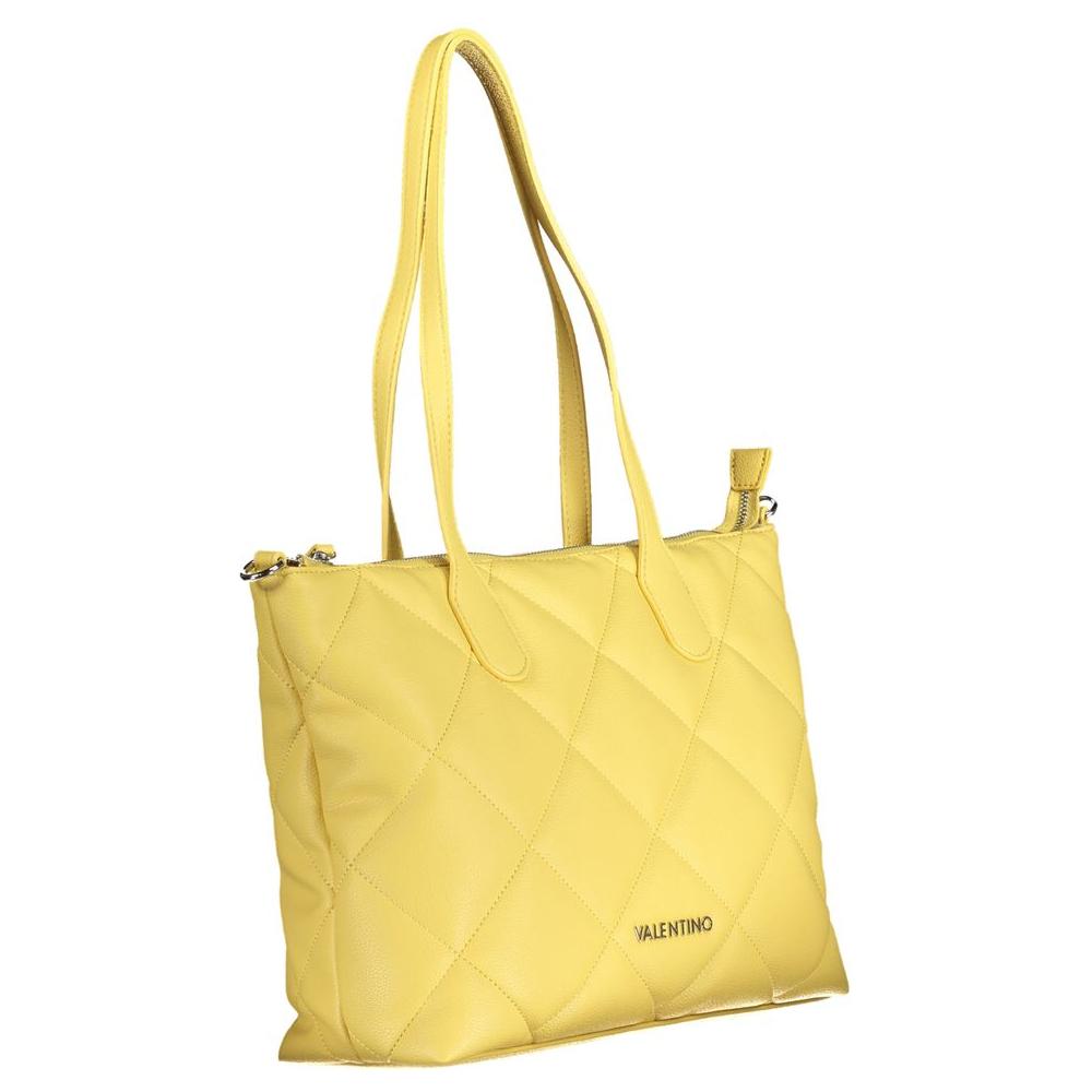Yellow Valentino handbag with quilted design, dual shoulder handles, removable chain strap, internal pocket, and zip closure.
