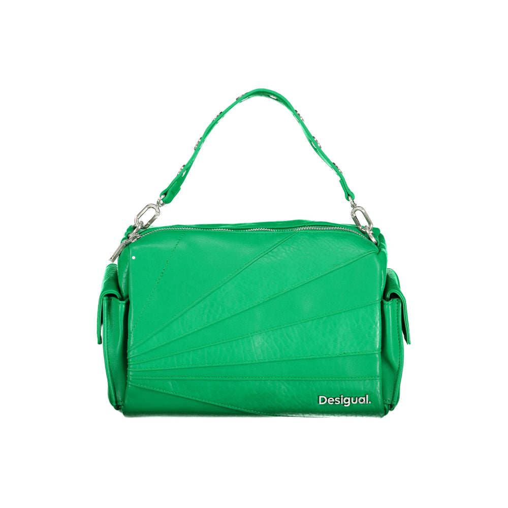 Desigual green polyethylene handbag with removable strap, multiple pockets, contrast details, and logo.