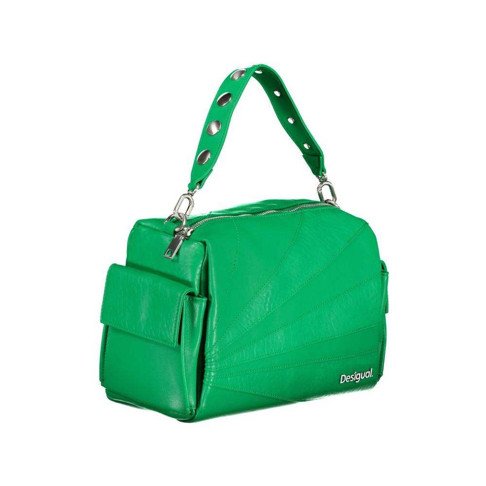 Desigual green polyethylene handbag with removable shoulder handle, adjustable strap, side pockets, and logo, featuring zip closure.