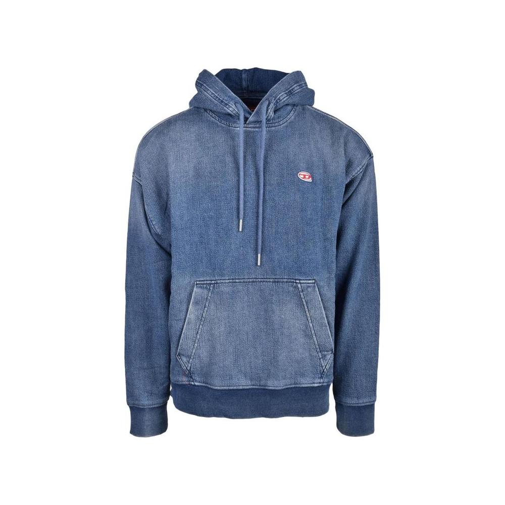 Diesel Blue Cotton Sweater with front pocket, featuring a blend of 98% cotton and 2% elastane for comfort and fit, ideal for cooler days.