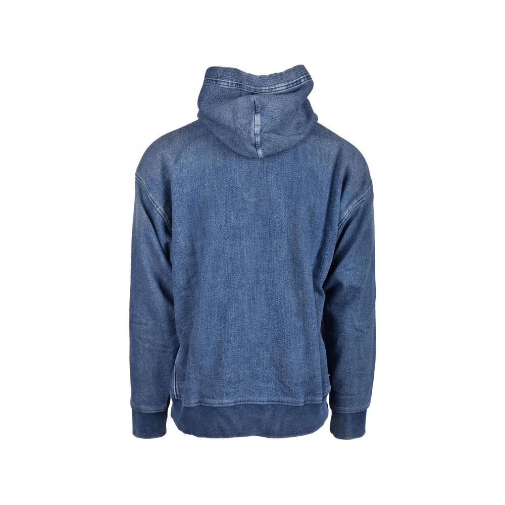 Back view of Diesel blue cotton sweater with hoodie, showcasing simple design and high-quality fabric for comfort and style.