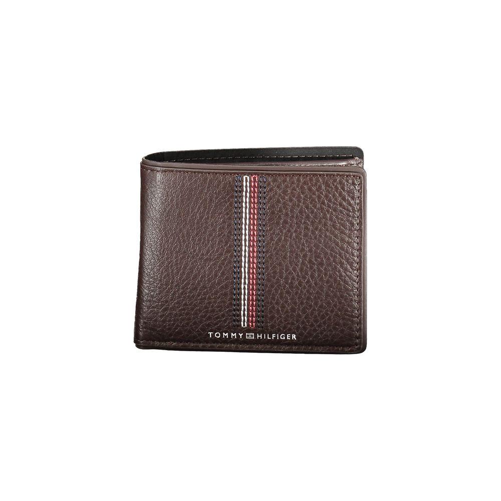 Tommy Hilfiger brown leather wallet with two compartments, coin purse, card slots, contrasting details, and logo print.