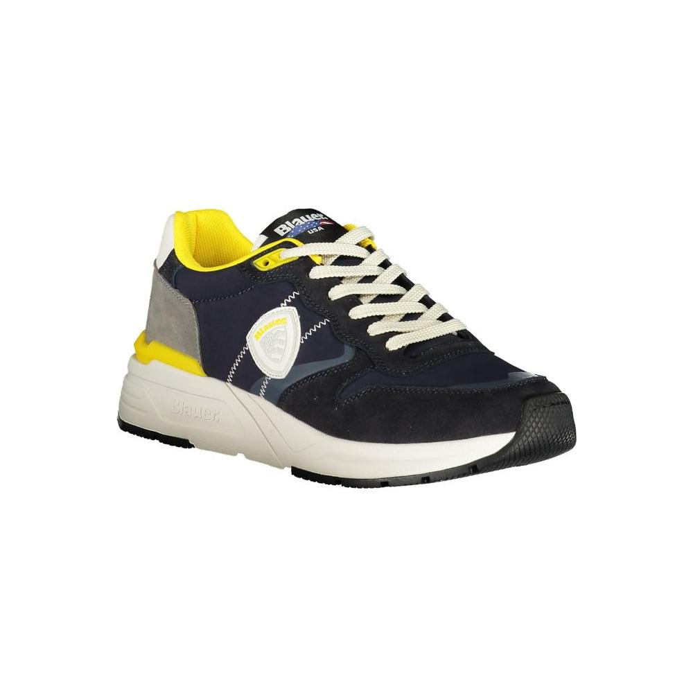 Blauer Blue Polyester Men Sneaker with Yellow Accents, Athletic and Fashionable Design, Blauer Logo, Trendy Sports Shoe.