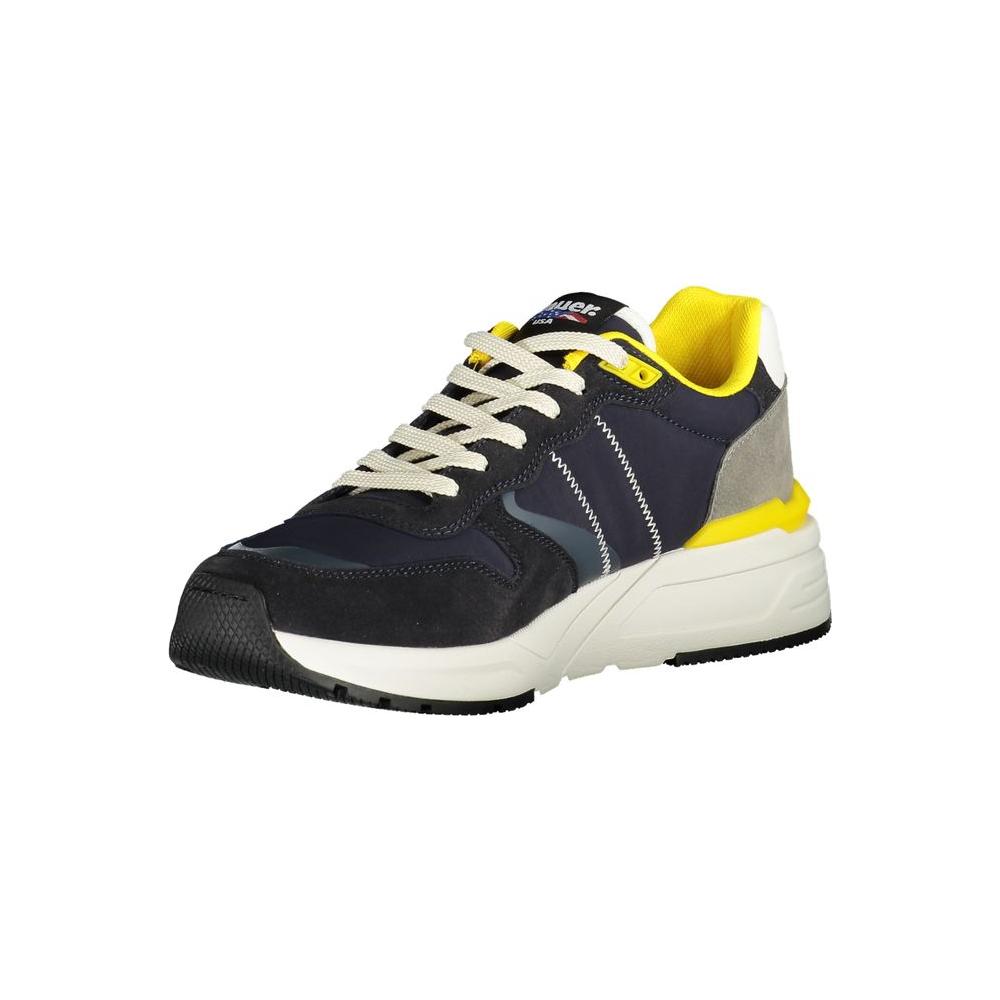 Blauer blue polyester men's sneaker with yellow accents and iconic logo, showcasing athletic style and fashion-forward design.