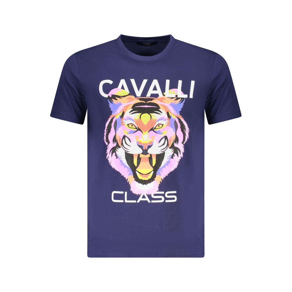Cavalli Class blue cotton men's T-shirt with bold tiger print and logo, short-sleeved crew neck design for trendy, sophisticated style.