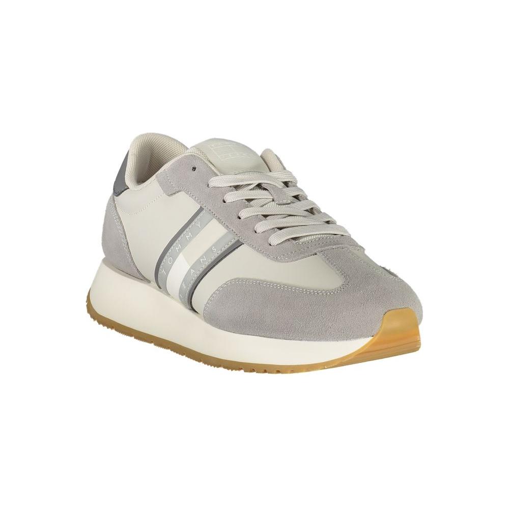 Tommy Hilfiger Gray Leather Mens Sneaker with lace-up design and contrasting details, perfect for modern style and comfort.