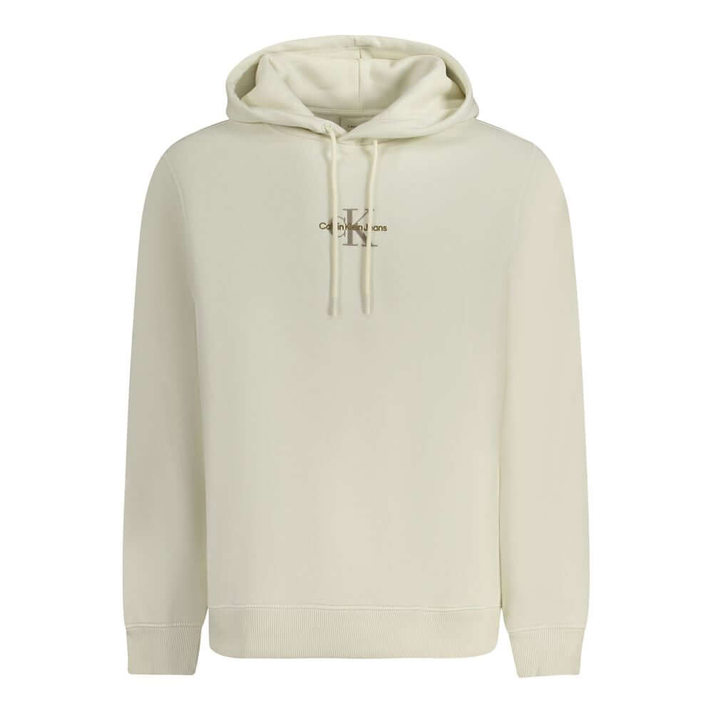 Calvin Klein white cotton men sweater with embossed logo, eco-friendly design, and blend of 61% cotton and 39% polyester.