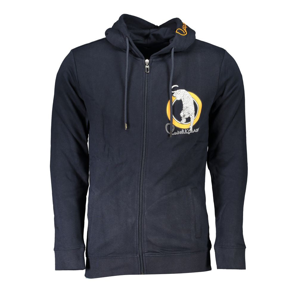 Cavalli Class blue cotton men's sweatshirt with hood, zip closure, and logo print for modern trendsetters. Comfortable cotton-polyester blend.
