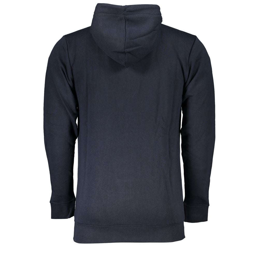 Rear view of Cavalli Class blue cotton men's sweater with hood.