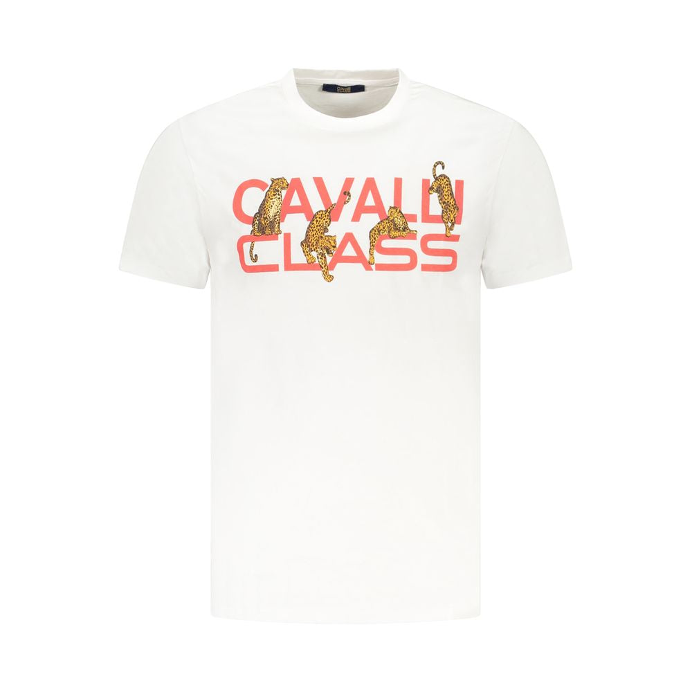 Cavalli Class white cotton men's t-shirt with bold logo and striking print, perfect for trendsetters seeking contemporary fashion.
