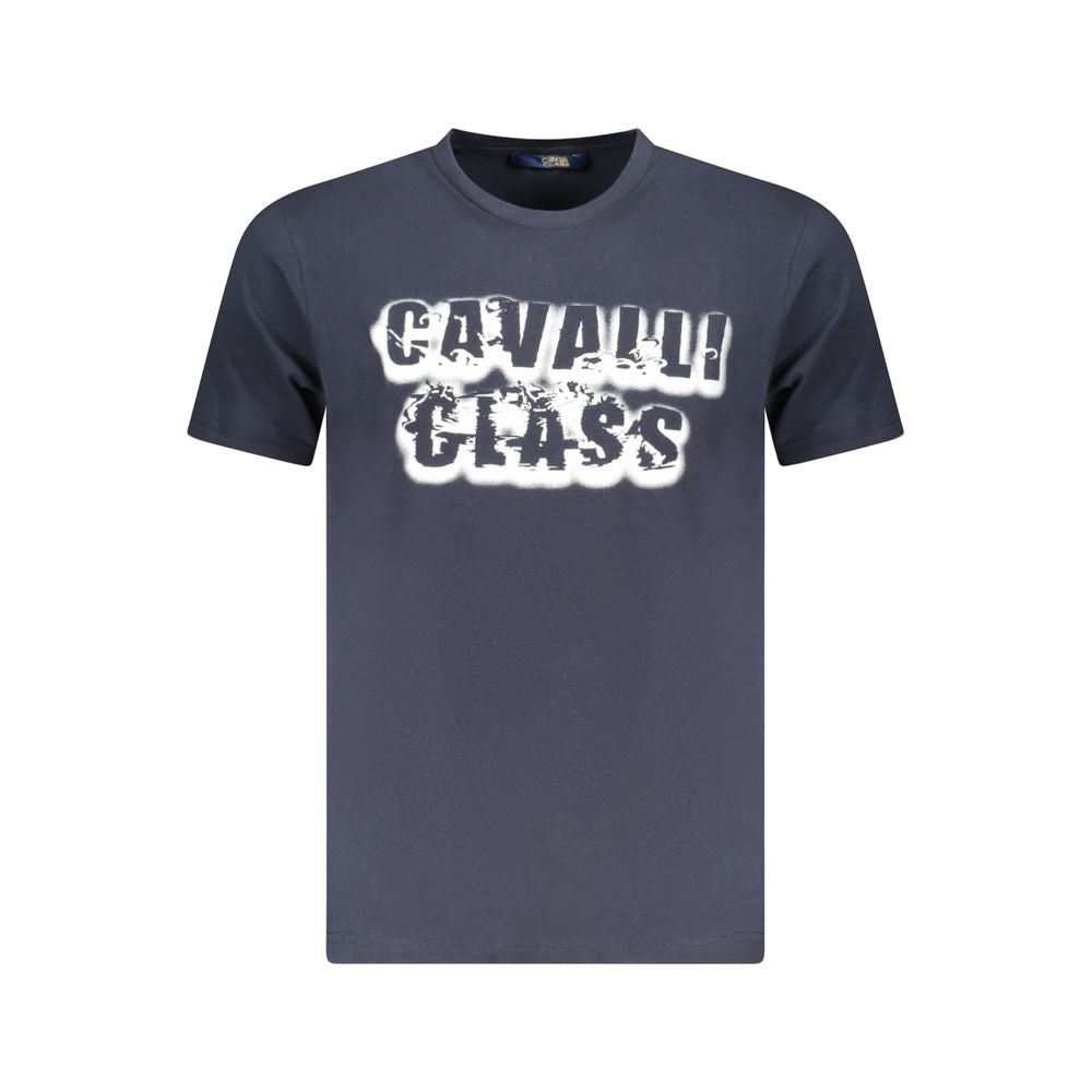 Cavalli Class blue cotton men's T-shirt with bold print and iconic logo, epitomizing casual chic and trendsetting luxury.