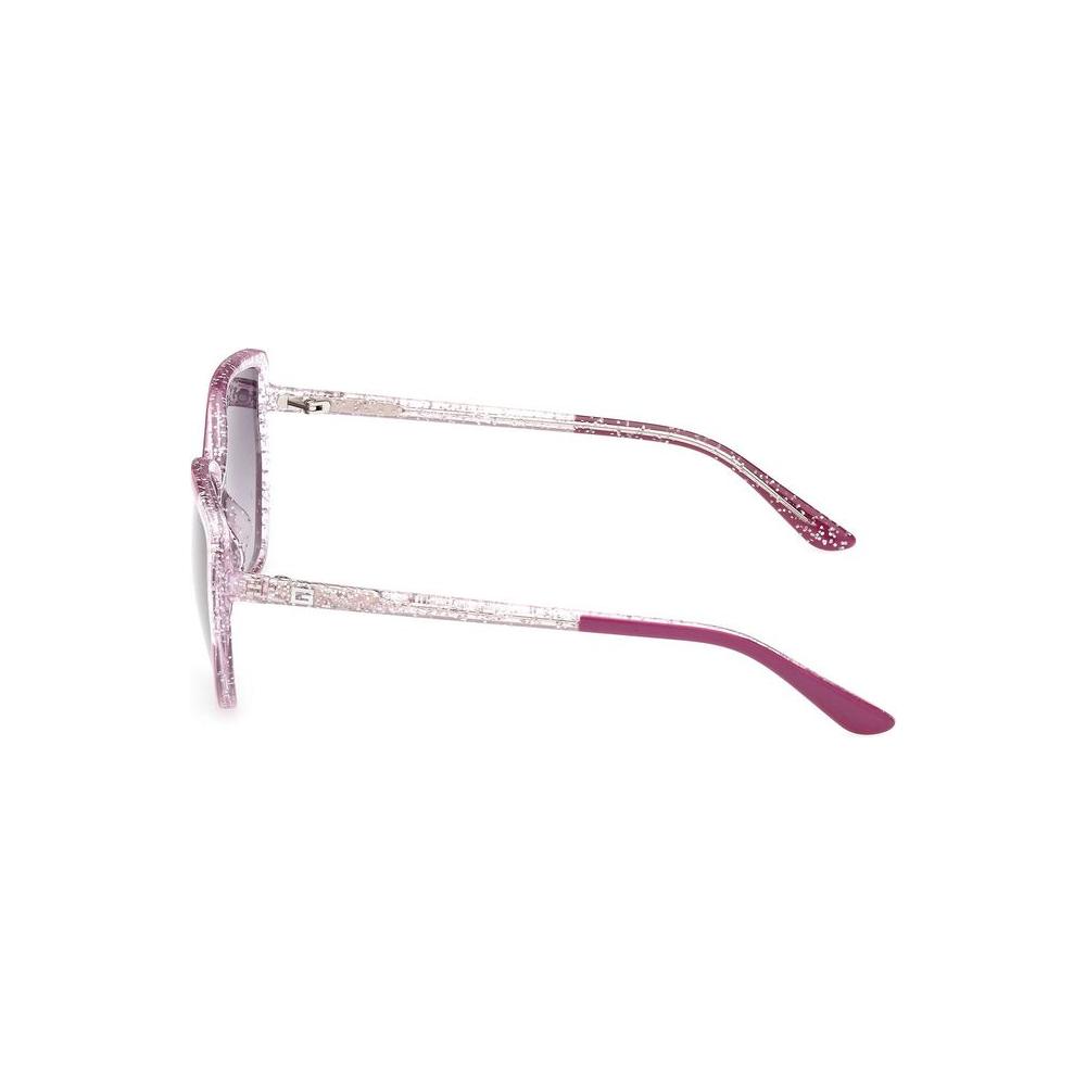Side view of Guess Jeans Purple Injected Women's Sunglasses with square lenses and chic purple frame, featuring iconic logo detail.