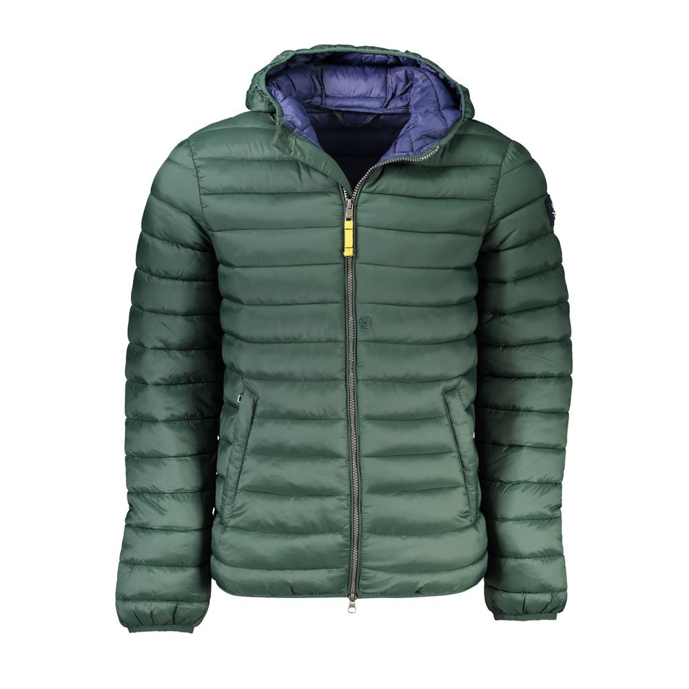 Armata Di Mare green polyamide men's jacket with hood, featuring zip and button closure, internal and external pockets, long sleeves.