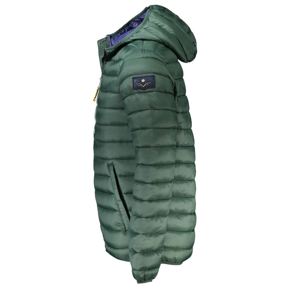 Armata Di Mare green polyamide men's jacket with hood, featuring zip and button closure and multiple pockets; side view.