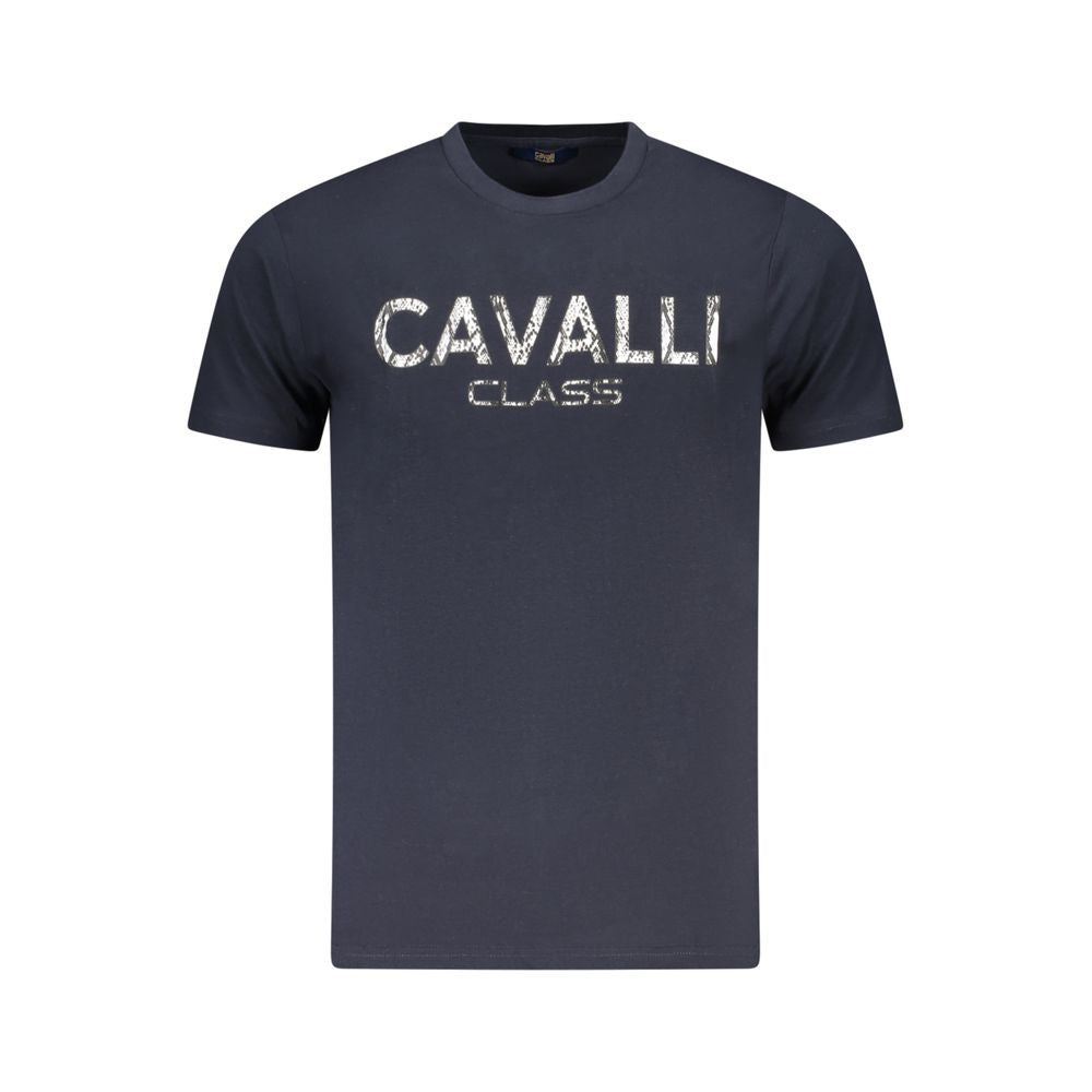 Cavalli Class blue cotton men's t-shirt with bold logo print and crew neck design, epitome of casual sophistication.