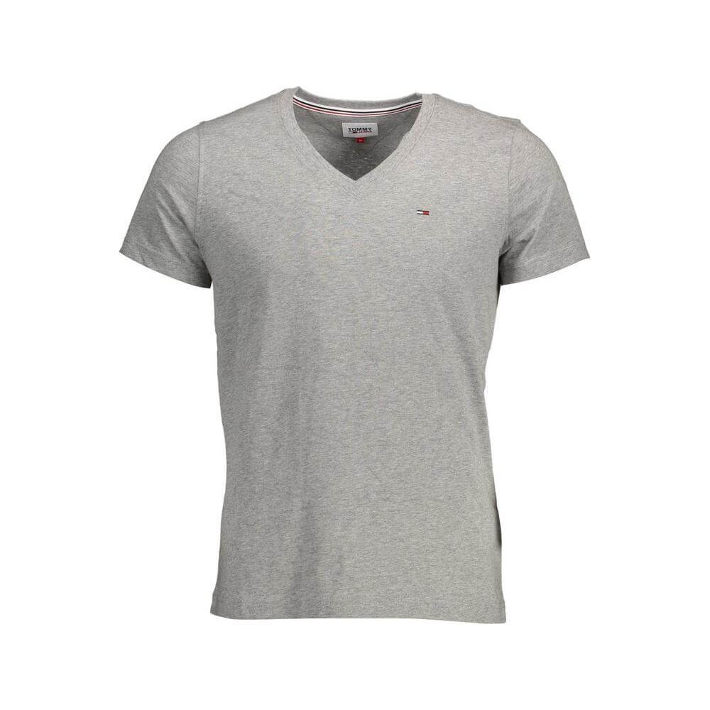 Tommy Hilfiger gray V-neck t-shirt for men, featuring an embroidered logo, made from 100% organic cotton, casual luxury attire.