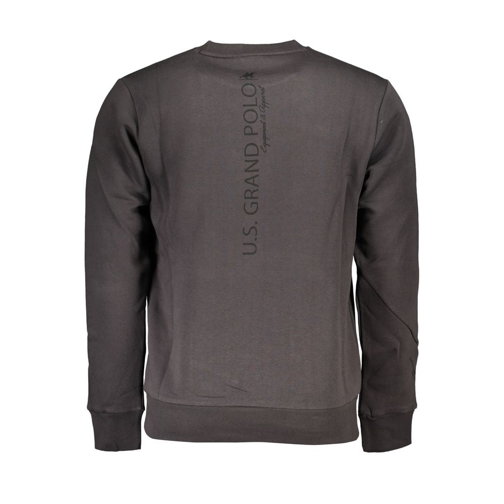 Rear view of U.S. Grand Polo gray cotton men's sweater with bold logo print, showcasing luxurious and stylish fleece design.